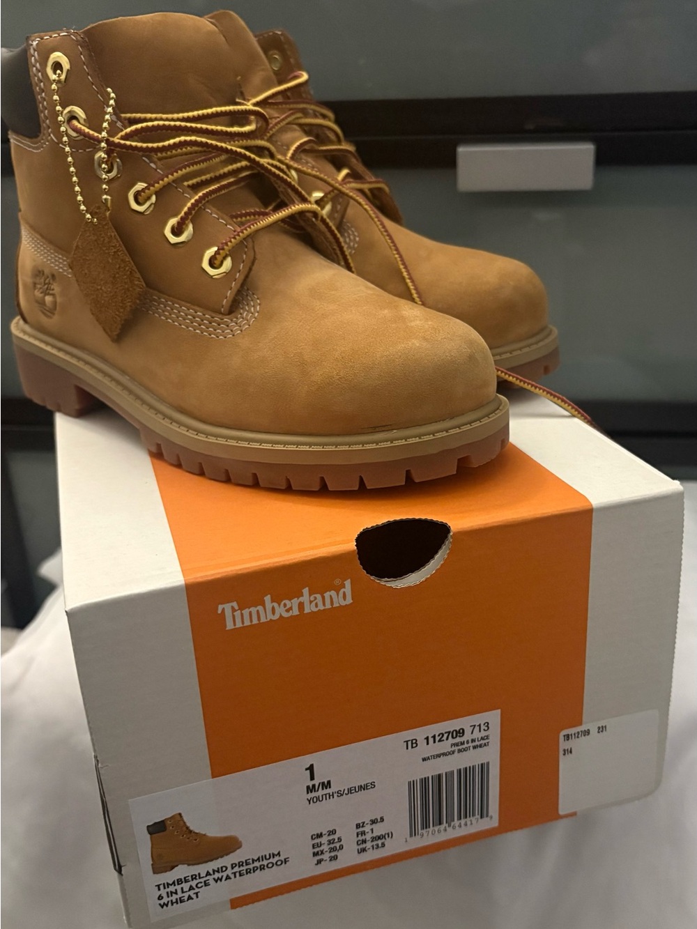 Kids Timberland Wheat Nubuck Work Boots with Gold Eyelets